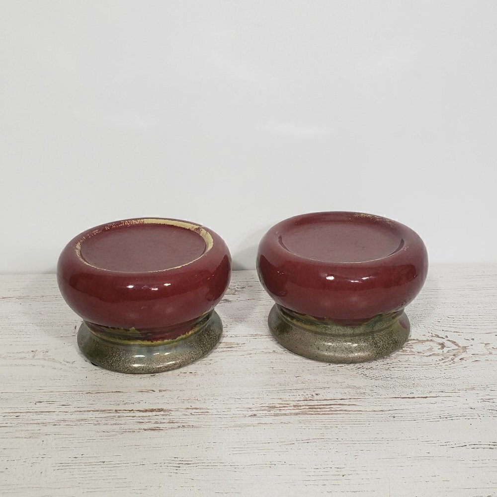 Pair of Ceramic Dripware Burgundy & Green Pedestal Pillar Candle Holders